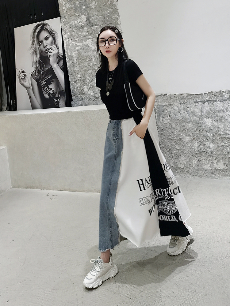 European station letter printing spell denim skirt women loose A type mid-length female temperament casual irregular 220317