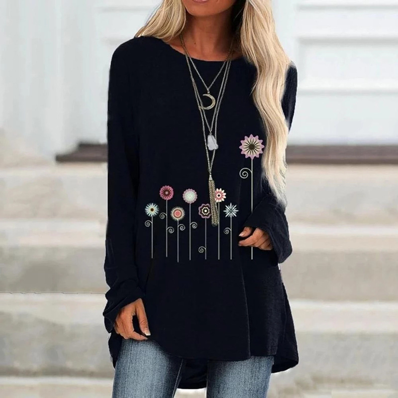 Autumn Women Tops Floral Dandelion Print Long sleeved T shirt Round Neck Loose Casual Pullover Ladies Top 220714