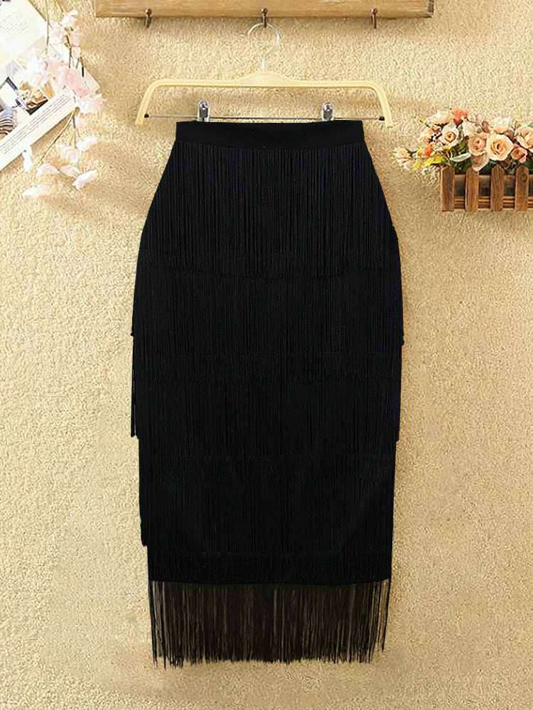 Women Fringe Bodycon Pencil Skirts Black Tassel High Waist Stretch Sheath Midi Length Ladies Slim Elegant Saias faldas Big Size 220317