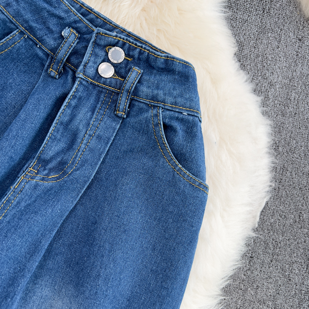 New design womens short spaghetti strap denim jeans bustier vest and wide leg long pants 2 pcs twinset SML