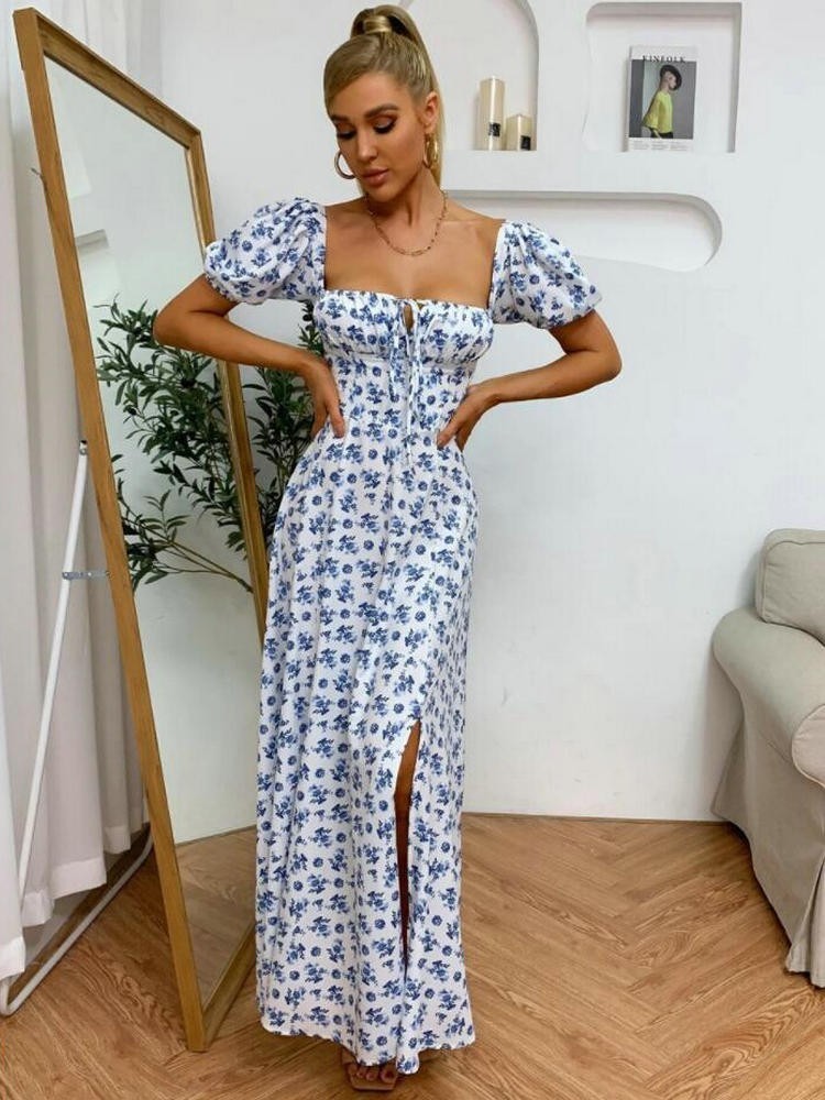 Ditsy Floral Print Puff Sleeve Tie Front High Split Dress Women Ruched Drawstring Party Long Dress Vestidos Sundress 220510