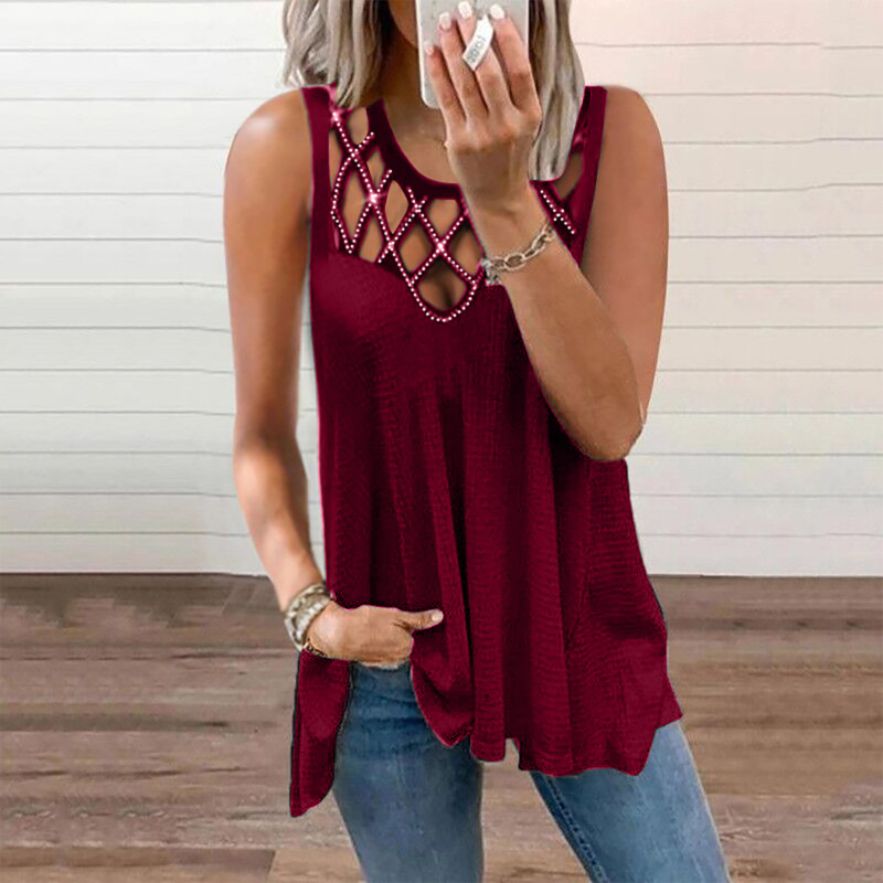 Fashion Women Summer Vest T-Shirt Loose Sleeveless Solid Color Hollow Out Drilling Tank Tops Plus Size 220316
