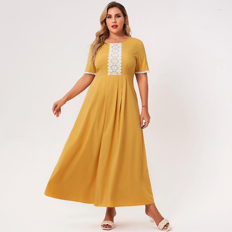 Plus Size Dresses Summer Arrivals Ladies Large Round Neck Lace Elegant Short-sleeved Pleated Stitching Yellow A-line Long Dress Jona22
Plus Size Dresses Summer Arrivals Ladies Large Round Neck Lace Elegant Short-sleeved Pleated Stitching Yellow A-line Long Dress Jona22