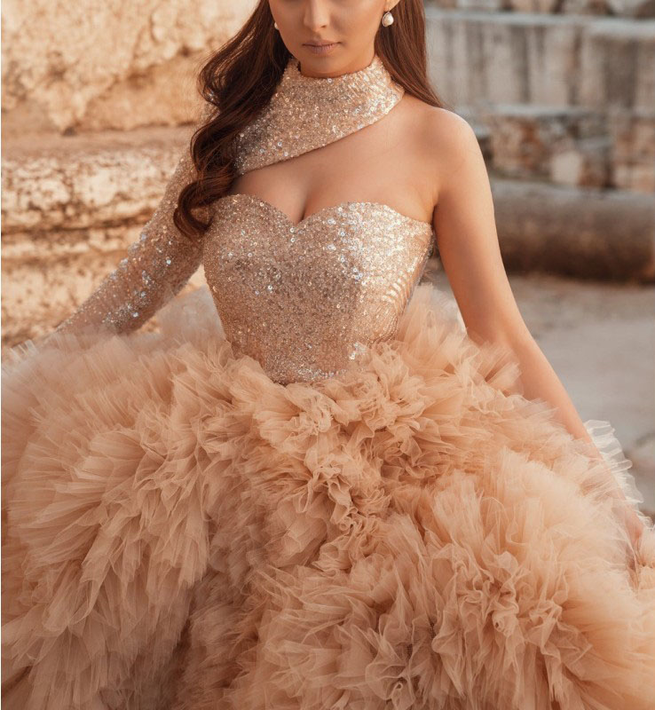 Elegant Ball Gown Wedding Dresses One Shoulder Long Sleeves Sequins Beads Organza Bodice Bridal Gowns Chic Dubai Custom Made Vestidos De Novia