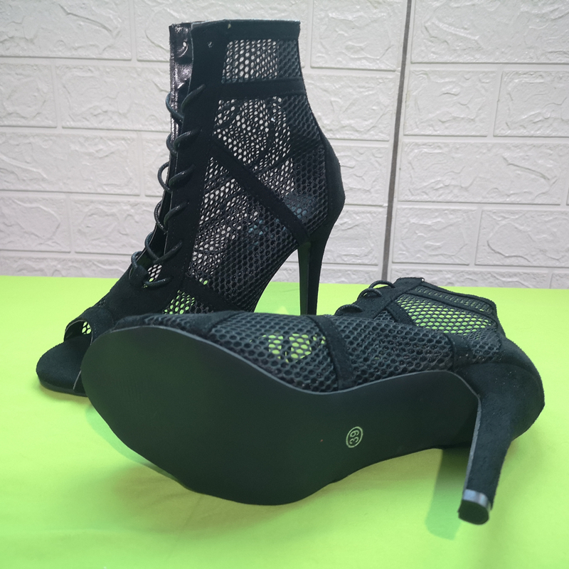 Women's High Top Dance Shoes Black Ballroom Boots Salsa Tango Girl Fashion Party Mesh Cutout Heel Sandals Summer 220328