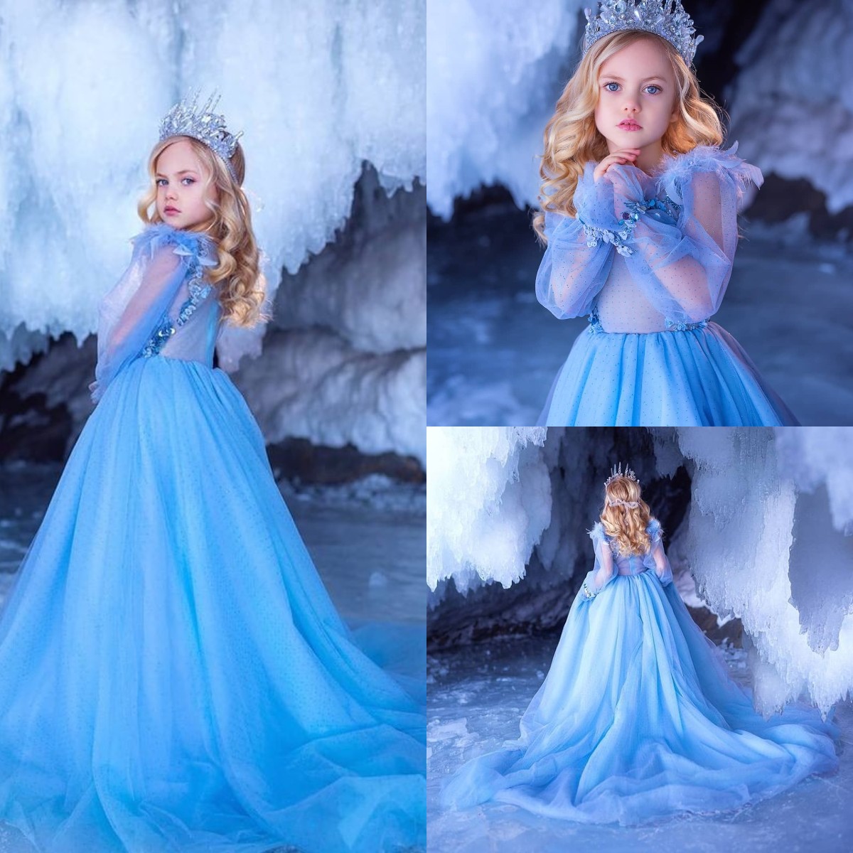 Princess 2022 Feather Flower Girl Dresses Baby Girls Royal Blue Photo Shoot Dress Toddler Birthday Wedding Guest Dress