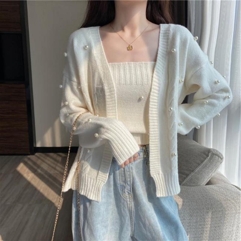 Women' Knits & Tees Gentle Wind Female Cardigan Sweater Patchwork Pearl Spaghetti Strap Vest Loose Long Sleeve Fashion Coat Two Piece Suit, White
Women' Knits & Tees Gentle Wind Female Cardigan Sweater Patchwork Pearl Spaghetti Strap Vest Loose Long Sleeve Fashion Coat Two Piece Suit, White