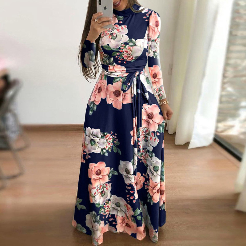 Plus Size Autumn And Winter Women's Style Dress Print Street Long-sleeved High-neck Tie Long Casual 220510