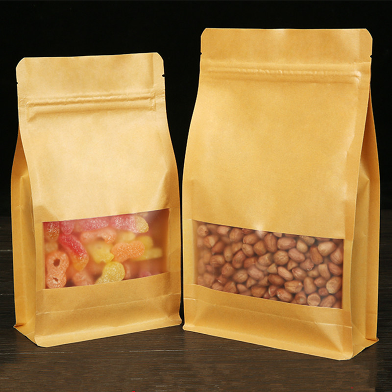 100pcs 3D Thick Stand up Kraft Paper Window Packaging Bag Resealable Coffee Beans Seeds Snack Tea Cereals Powder Wedding Party Gifts Heat Sealing Stor