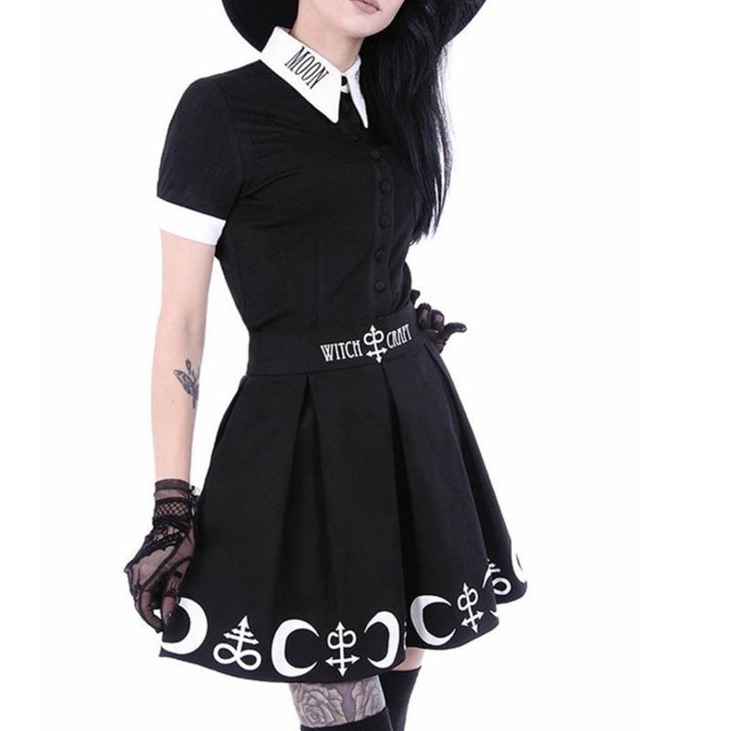Harajuku Punk Rock Gothic Skirt Black Women Witch Moon Printed High Waist Star Print Goth Pleated Emo Alt Y2K Mini Skirts 220322