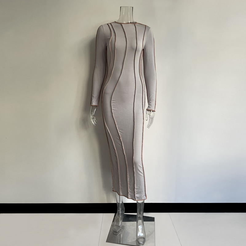 XLLAIS Elegant Stitching Stripes Translucent See Through Long Sleeve Round Neck Casual Maxi Dress For Women 220509