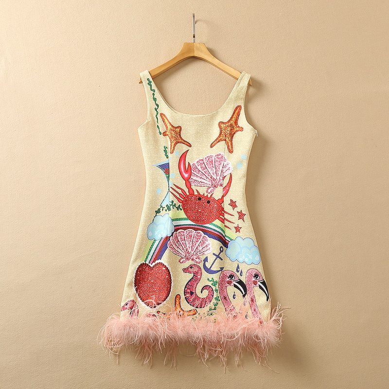 2022 Summer Sleeveless Round Neck Multicolor Starfish Crab Print Panelled Feather Short Mini Dress Elegant Casual Dresses 22Q151630, Yellow
2022 Summer Sleeveless Round Neck Multicolor Starfish Crab Print Panelled Feather Short Mini Dress Elegant Casual Dresses 22Q151630, Yellow