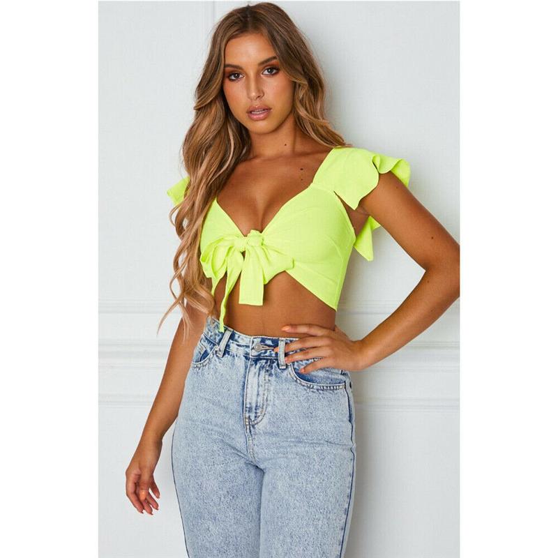 Women' Tanks & Camis Fashion Women Short Sleeve Crop Top Solid Green Front Knot Tie Ladies Casual Plain Shirt Ruffle Tank Tops
Women' Tanks & Camis Fashion Women Short Sleeve Crop Top Solid Green Front Knot Tie Ladies Casual Plain Shirt Ruffle Tank Tops
