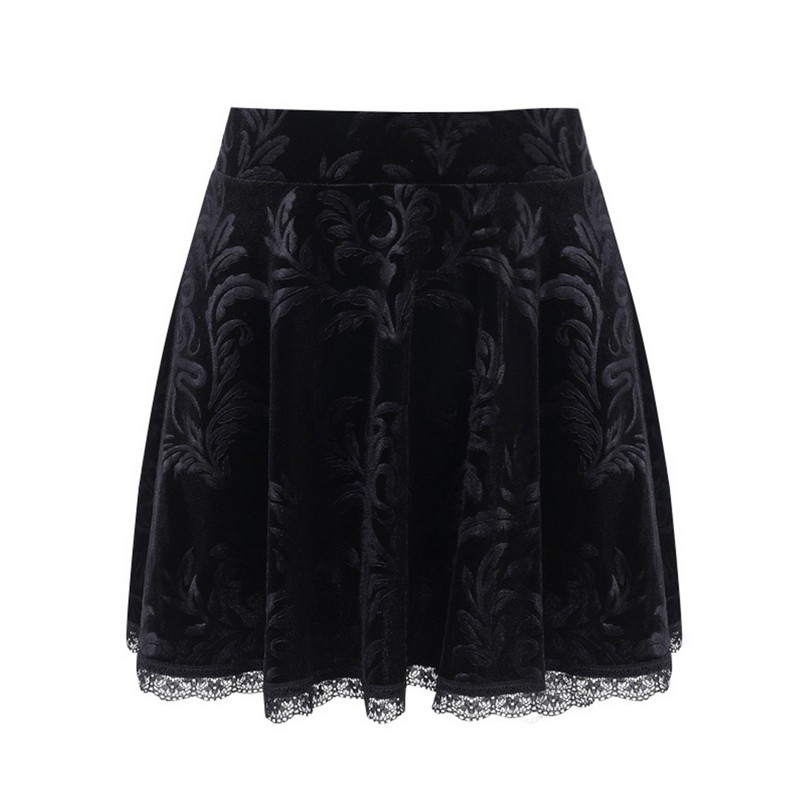 Womens Mini Velvet Skirt with Lace Trim Black Gothic Y2K Grunge High-waist A-line Skirts 90s Vintage Women E-girl Clothes S/M/L