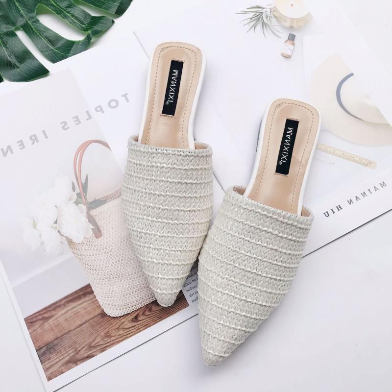 Slippers Women's Summer Solid Toe-covered Slipper Fashion Pointed Woven Breathable Lazy Flat Sandals Women Mule Slides Shoes