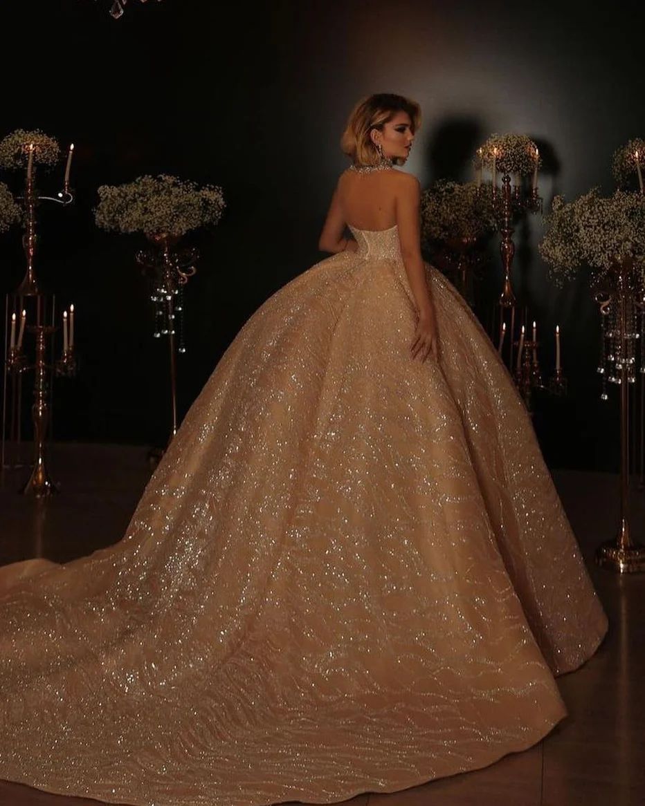 Strapless Champagne Prom Evening Dress Sequins Beads Appliques Sleeveless Bateau Neck Lace Ruffles Shiny Gown Custom Made Floor Length Bridesmaid Plus