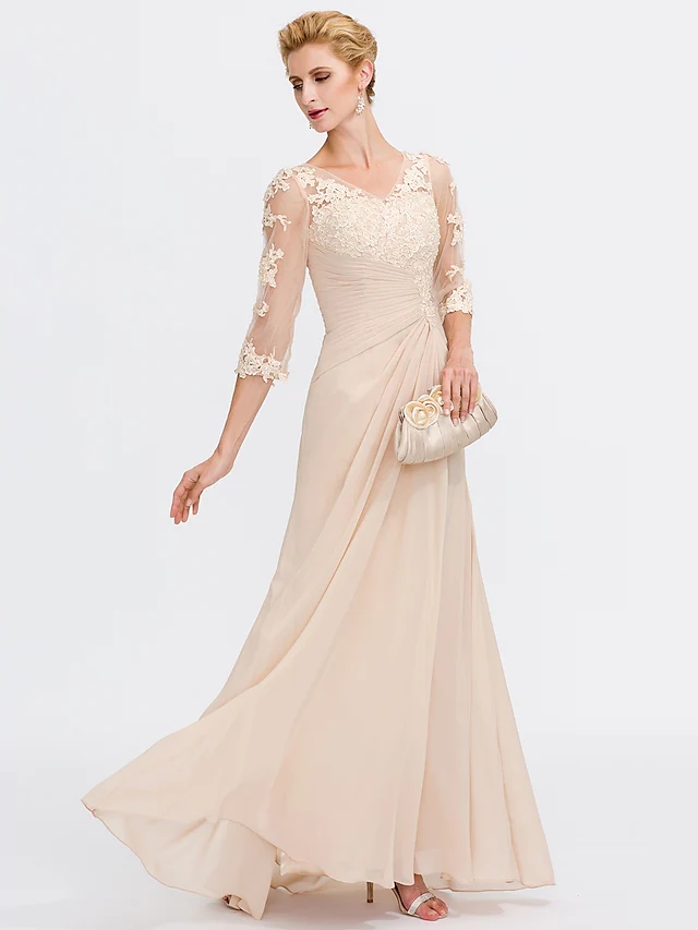 Champagne A-Line Mother of the Bride Dress 2025 Elegant V Neck Floor Length Chiffon Sheer Lace Half Sleeve Wedding Party Gowns
