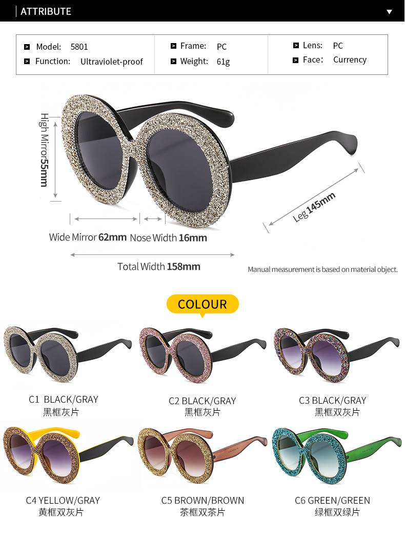 Luxury Oversized Sunglasses Women Vintage Rhinestones Sun Glasses Round Frame Gradient Mirror Shades for Women 220506
