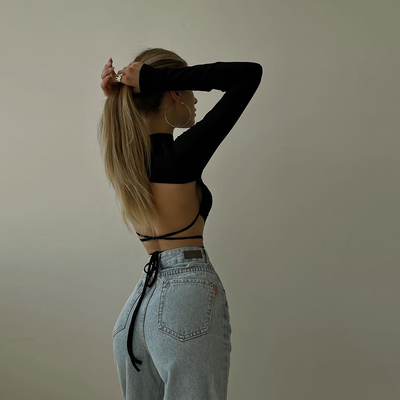 Y-L Leopard Zebra Printed Sexy Backless Lace ups Pullover Tees Women Autumn Black O-neck Slim Longsleeve Short T-Shirt 220411