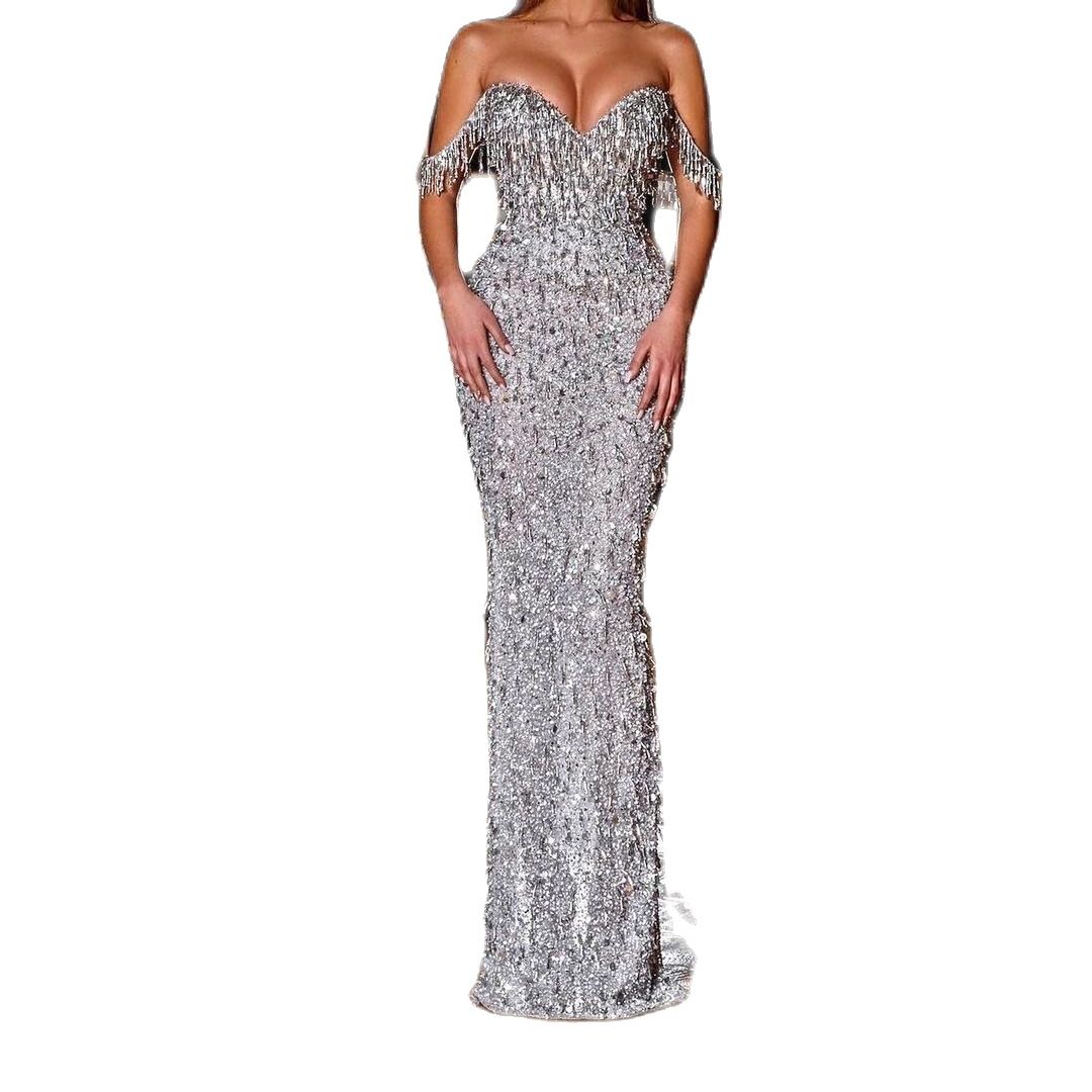 Luxury Women Sequined Evening Dresses 2 Pieces Floor Length Strapless Mermaid Prom Gowns Shiny Full Length Jacket Dress