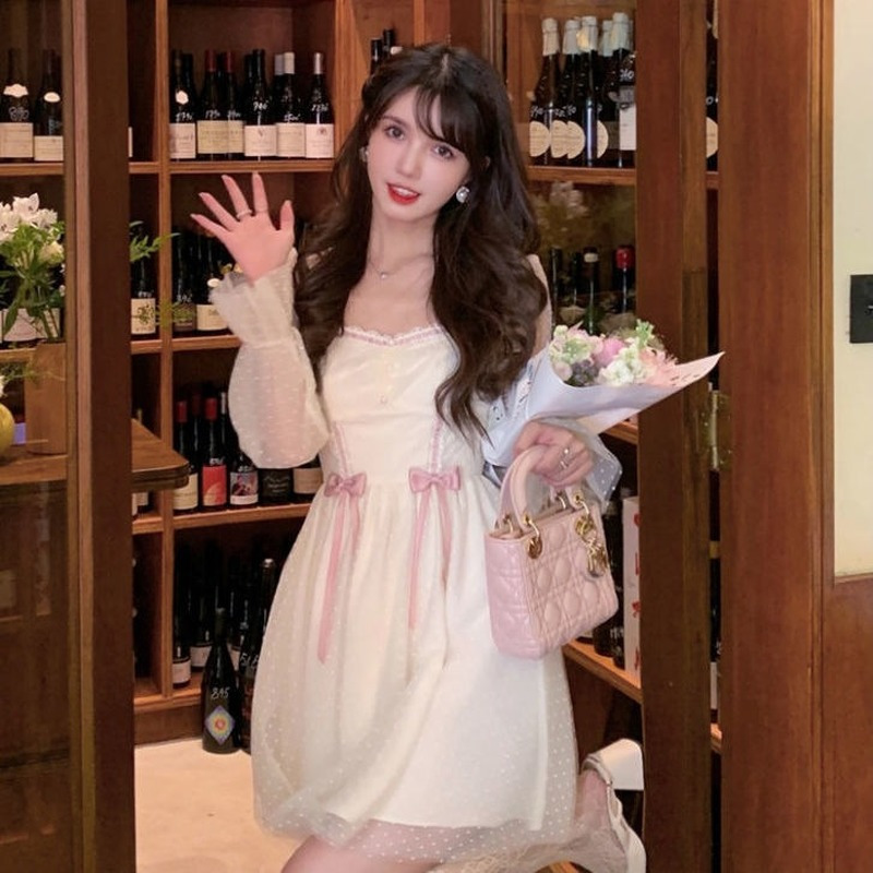 Autumn Elegant Princess Dress Women Sweet Dot Party Long Sleeve Fairy Dress Female Casual Vintage Korean Kawaii Mini Dress 220510