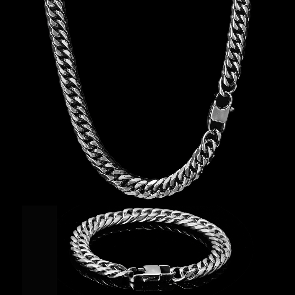 Cuban Link Chain Necklace Bracelet Set Heavy 18K Real Gold Plated Stainless Steel Metal Necklace for Men Fashion Jewelry