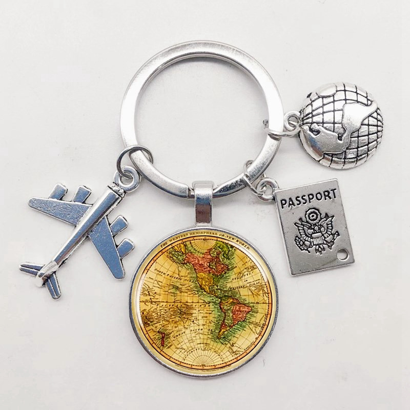 World Map Keychain Travel Exploring Glass Dome Cabachon Aircraft Charm Pendant Men s and Women s Gift Jewelry 220623