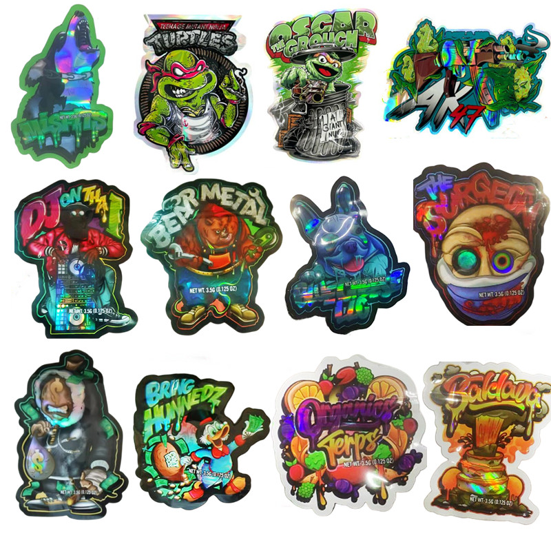 holographic diecut out shape mylar bag laser film edible package big money exotic bearmetal bring hunnedz organics terps sour diesel pudding plug custom