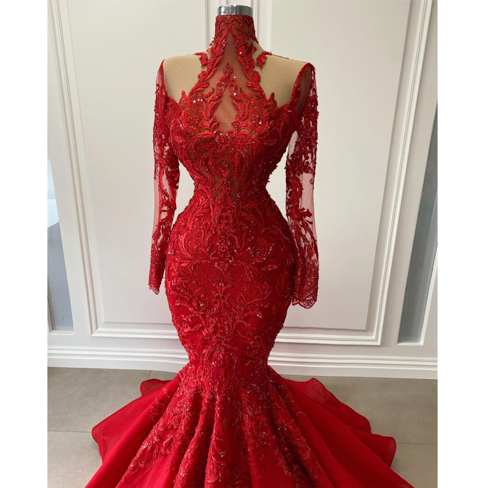 Modest Red Mermaid Prom Dresses Appliques Beaded Long Evening Dress Custom Made With Full Sleeves Formal Party Gown