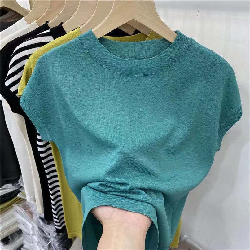 Knitting summer Short-sleeved women's T-shirt top P3 220402, As photo