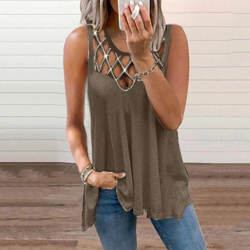 Fashion Women Summer Vest T-Shirt Loose Sleeveless Solid Color Hollow Out Drilling Tank Tops Plus Size 220316