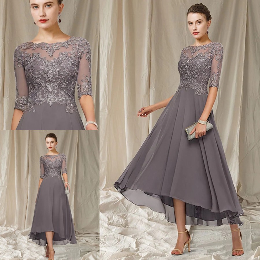 A-Line Gray Mother of the Bride Dress 2025 Vintage Jewel Asymmetrical Ankle Length Chiffon Lace Half Sleeves Robe De Soiree Vestidos Fiesta