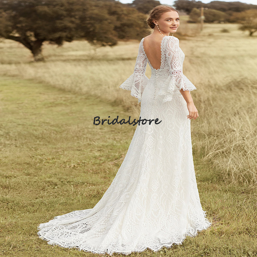 Bell Sleeve Lace Boho Wedding Dress 2022 White A Line Floor Length Beach Bohemian Country Bridal Gowns Backless Vintage Bride Party Real Pictures Robe