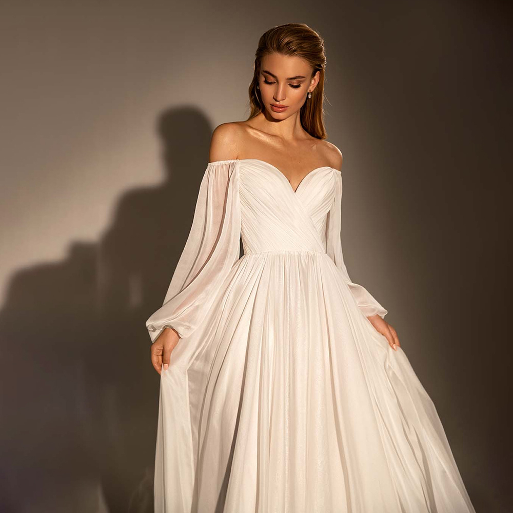 Off Shoulder Crisscross 3D Chiffon Wedding Dress Simple Backless Long Puff Sleeves Bridal Gowns Vestido de Novia Robe Mariee