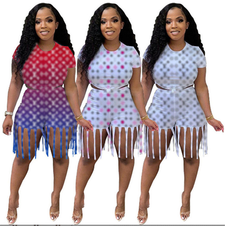 2023 Summer Clothing Women tracksuits Two Piece Set Designer Tracksuits Fashion O-neck Shirt Tassel Shorts Outfits Casual Jogger Sport Suit
