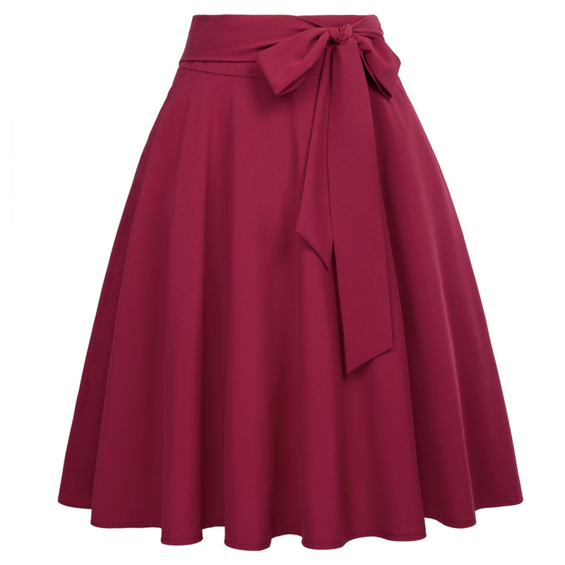 Belle Poque Women Skirts Summer Solid Color High Waist Self-Tie Bow-Knot Embellished A-Line Retro Casual Knee Length 220322