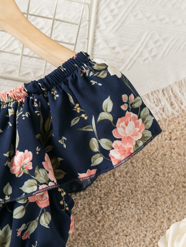 Girls Floral Print Ruffle Trim Top & Skirt SHE