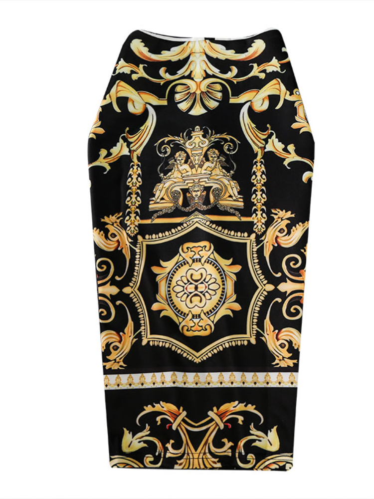 Coming European Women Summer Print Pencil Skirt High Stretch Abstract Pattern Midi Slip Hip Skirt Female 220711