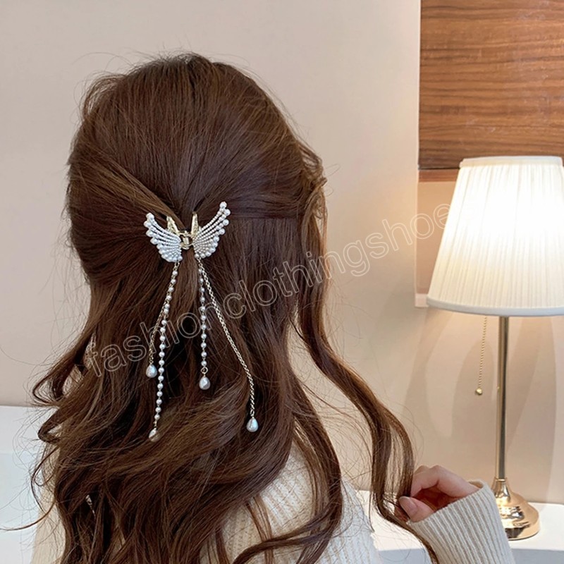 Fashion Pearl Tassel Butterfly Hair Claw Female Elegant Hair Accessories Butterfly Side Clip Headdress