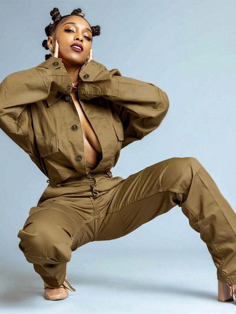 Women Cargo Pants Streetwear Suits Solid SingleBreasted Lapel Coat Straight Sweatpants Vintage Autumn Streetwear Two Pieces Set 220817