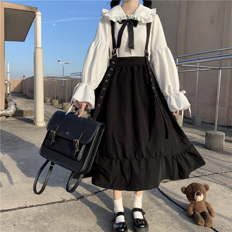 HOUZHOU Gothic Lolita Long Skirt Women Harajuku Ruffle Strap Black High Waist Soft Girl Japanese Kawaii Streetwear Summer 220317