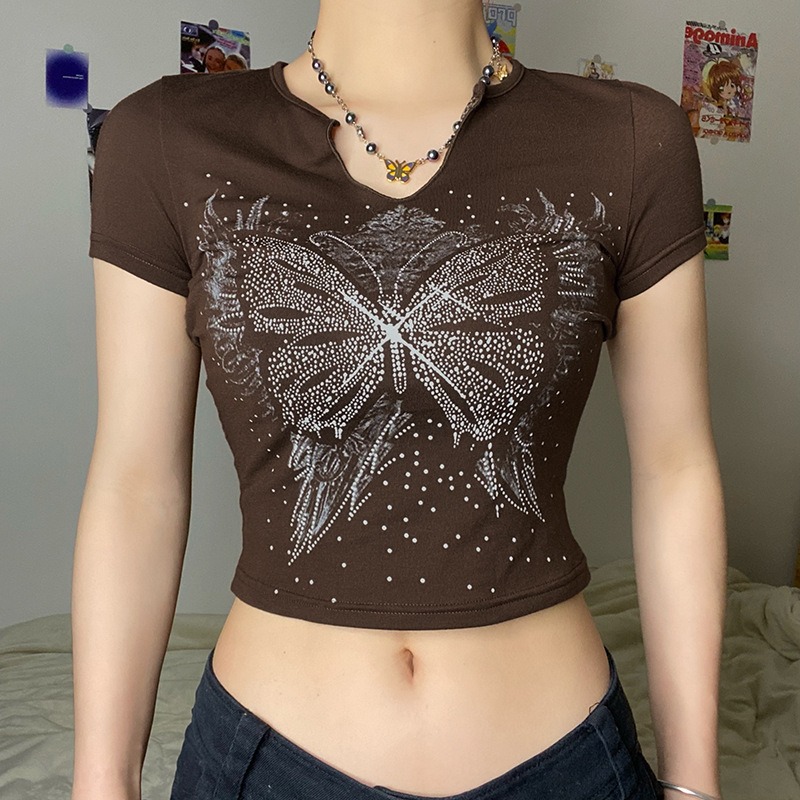 Retro Butterfly Print Slim Navel Short Sleeve U Neck T-Shirt Top Women 2022 Spring Europe and America, Brown
Retro Butterfly Print Slim Navel Short Sleeve U Neck T-Shirt Top Women 2022 Spring Europe and America, Brown