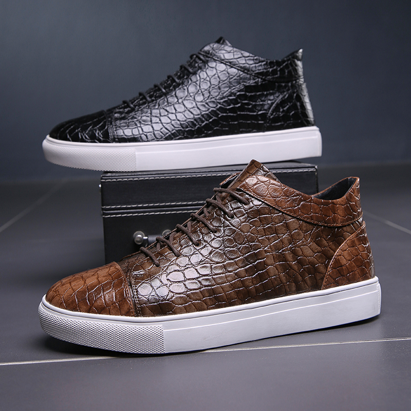 Men British Ankle Boots Crocodile Pattern PU Solid Color Round Toe Flat Heel Lace Up Fashion Casual Street Outdoor Men Shoes