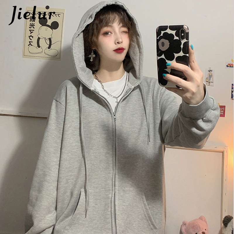 Jielur Brick Red Black Gray Hoodies Female Zip-up Tracksuit Autumn Harajuku Cool Street Fashion Women's Sweatshirt M-XXL 220817