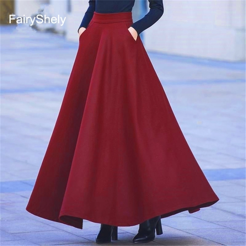 FairyShely Autumn Winter Retro High Waist Pleated Skirt Women Casual Pocket Woolen Maxi Skirt female Flare Red Long skirt 210306