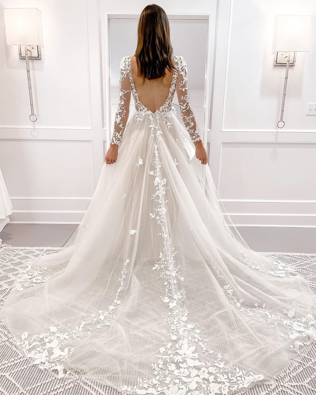 Sexy A-line Wedding Dresses Deep V Neck Long Lace Sleeve Chiffon Lace Ruffles High Waist Appliques Backless Sequins Floor Length Bridal Dress Bohemian