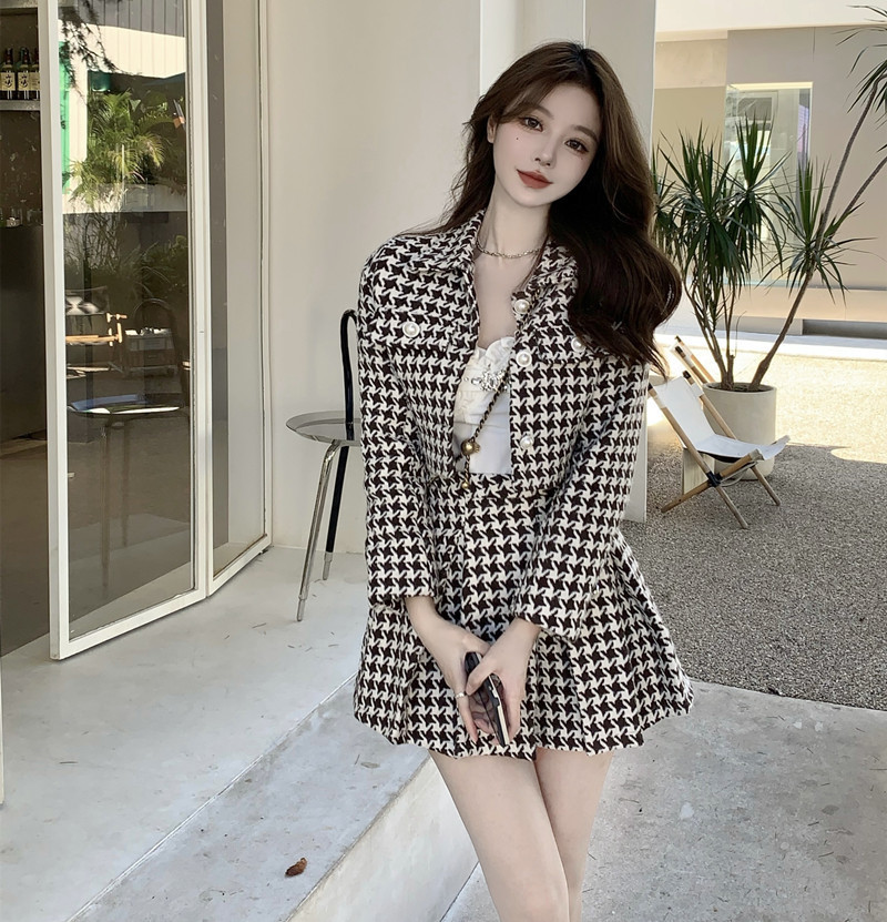 Two Piece Dress Temperament Matching Sets Retro O Tweed Plaid Jacket Short Long Sleeve Cardigan Slim Top Mini Houndstooth Pleated Skirt Chic 220906