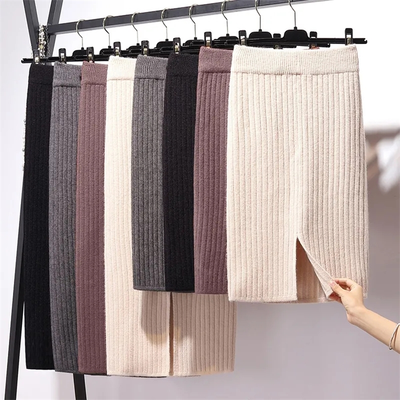 Lucyever Autumn Winter Knitting Pencil Skirts Women High Waist Bodycon Split Woman Office Mid One-step Skirt Ladies 220317