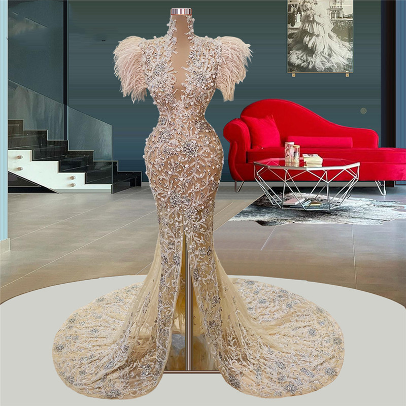 Champagne Mermaid Prom Dresses Sexy V Neck Sleeveless Sequins Appliques Feather Beads Sequins Lace Front Slit Floor Length Plus Size Formal Party Gown