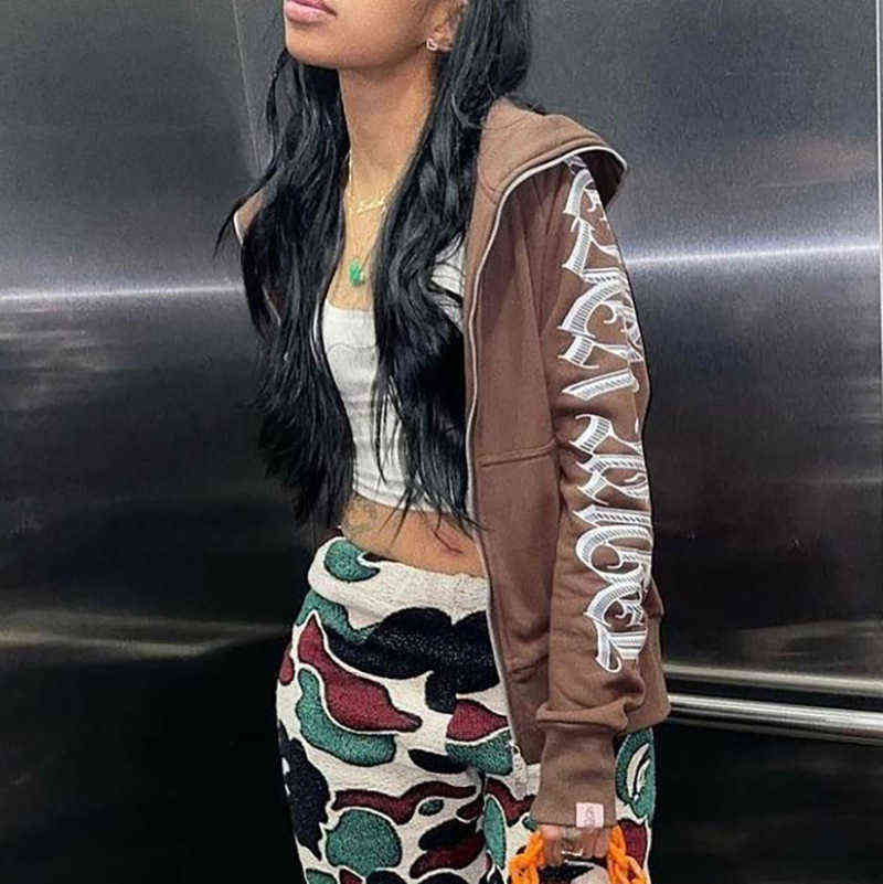 90s Vintage Women Zip-up Hoodie Gothic Letters Print Sweatshirt Winter Y2k Aesthetic Brown Clothes Grunge Punk Jacket Streetwear G220429